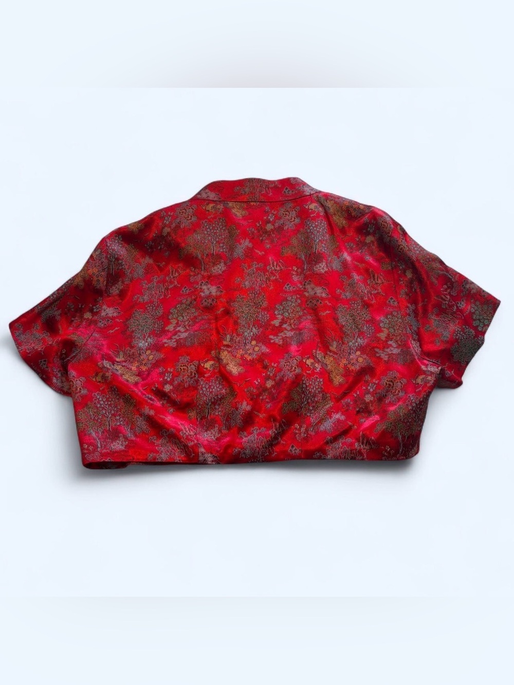 Vintage 90s Red Brocade Chinese Crop Jacket Peacock Motif Frog Closure Y2K XS - Picture 2 of 5